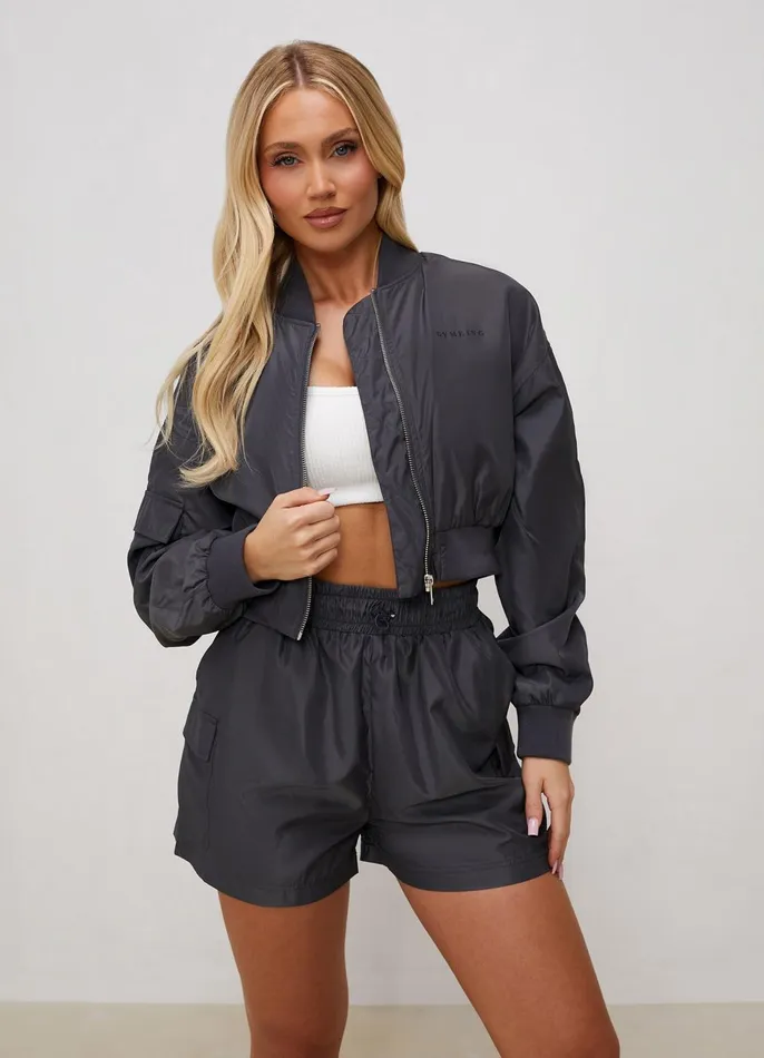 Gym King Outerwear Women Satin Cargo Bomber 8211 Graphite