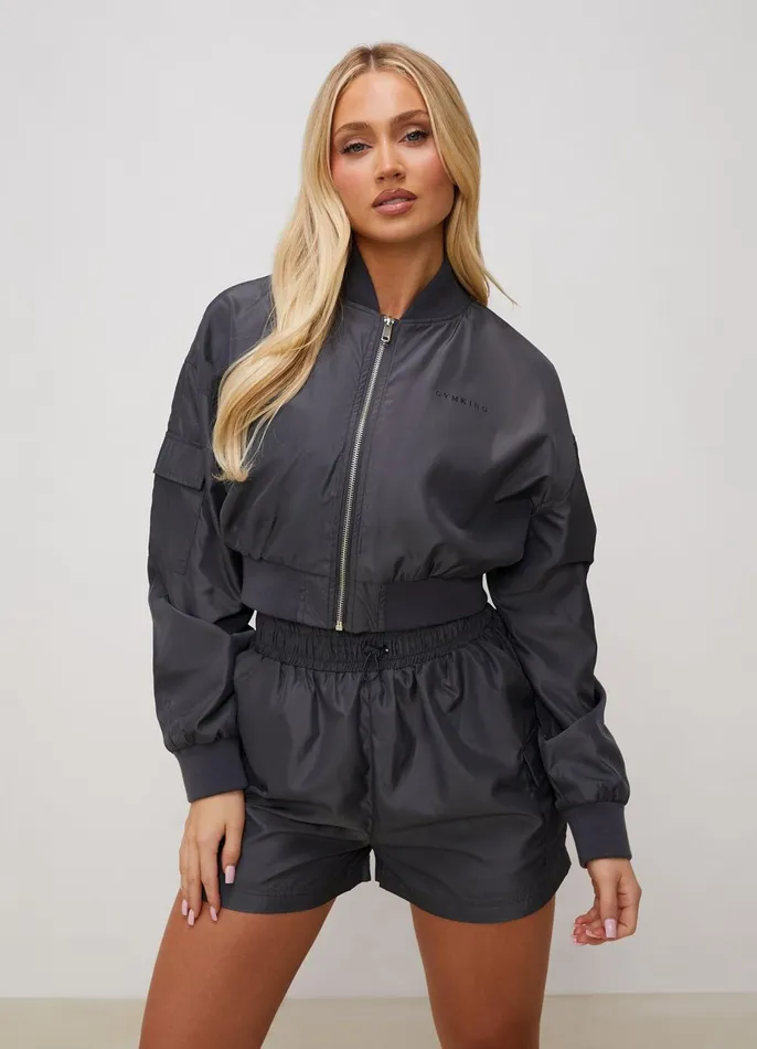 Gym King Outerwear Women Satin Cargo Bomber 8211 Graphite