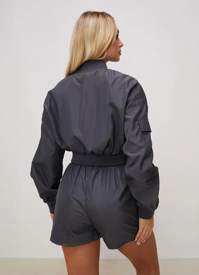 Gym King Outerwear Women Satin Cargo Bomber 8211 Graphite
