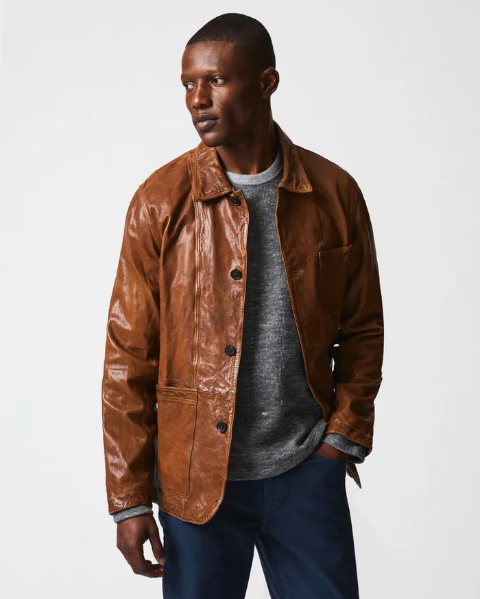 Jackets and Outerwear Men Billy Reid Leather Chore Coat Cognac