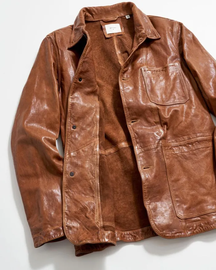 Jackets and Outerwear Men Billy Reid Leather Chore Coat Cognac