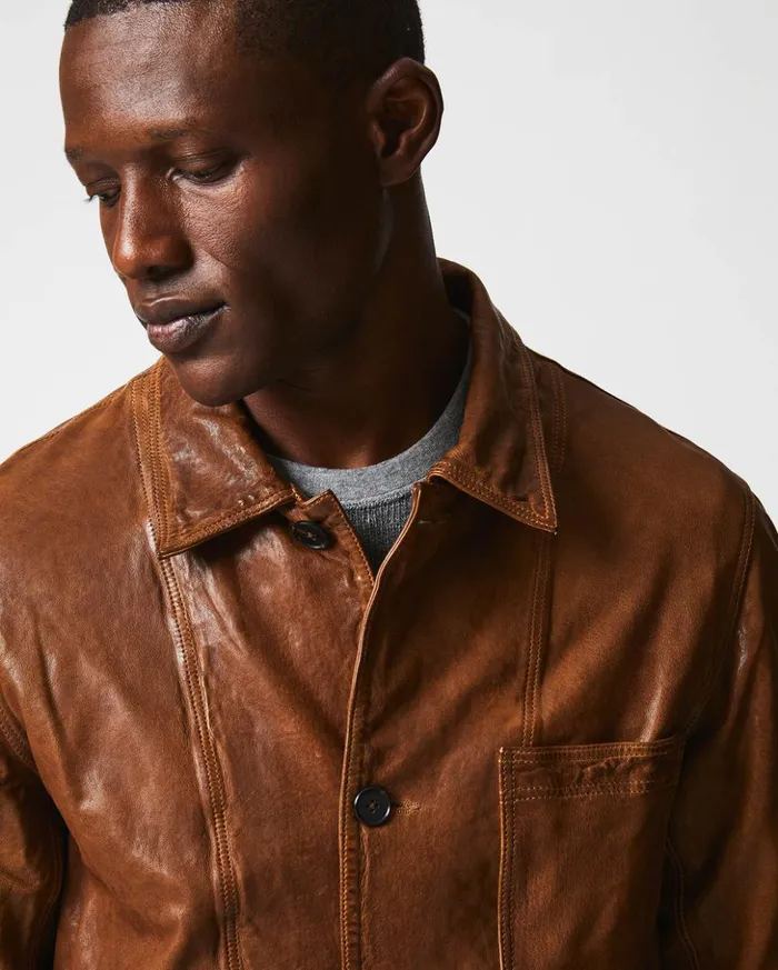 Jackets and Outerwear Men Billy Reid Leather Chore Coat Cognac
