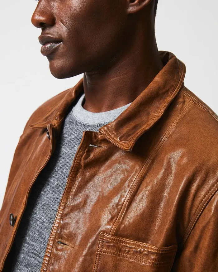 Jackets and Outerwear Men Billy Reid Leather Chore Coat Cognac