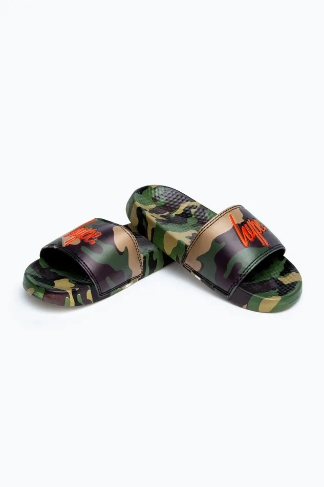 Just Hype Footwear Hype Kids Unisex Khaki Classic Camo Script Sliders