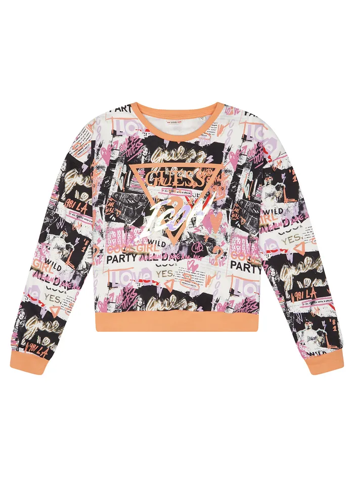 Kids Big Girl GUESS Newspaper Print Logo Jumper 716