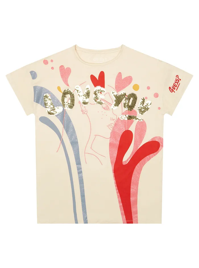 Kids Big Girl GUESS Sheep Wool Heart Print Logo Tshirt 716