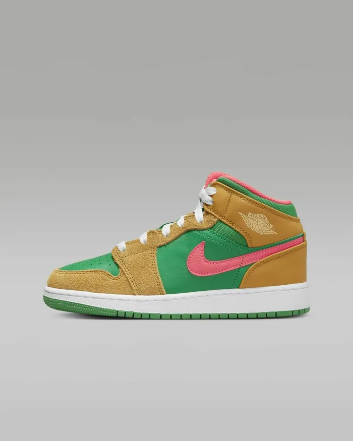 Kids Nike Jordan Air Jordan 1 Mid SE Chutneylucky Greenhot Punchcelestial Gold