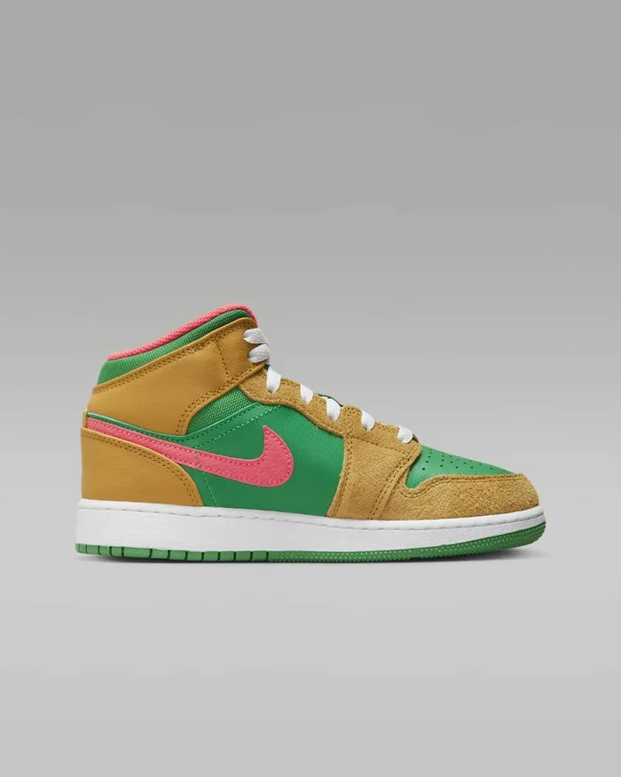 Kids Nike Jordan Air Jordan 1 Mid SE Chutneylucky Greenhot Punchcelestial Gold