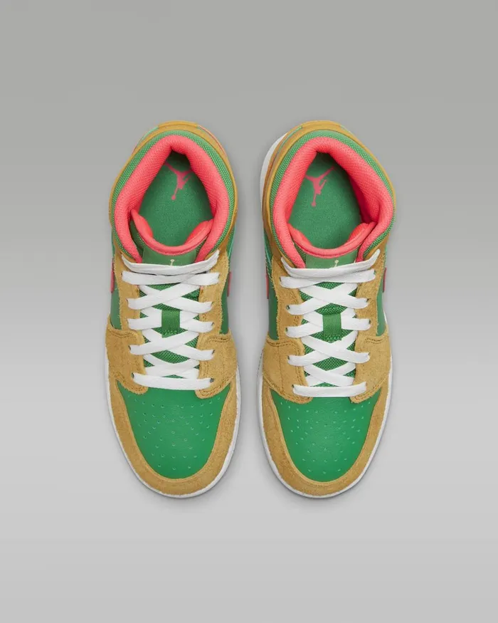 Kids Nike Jordan Air Jordan 1 Mid SE Chutneylucky Greenhot Punchcelestial Gold