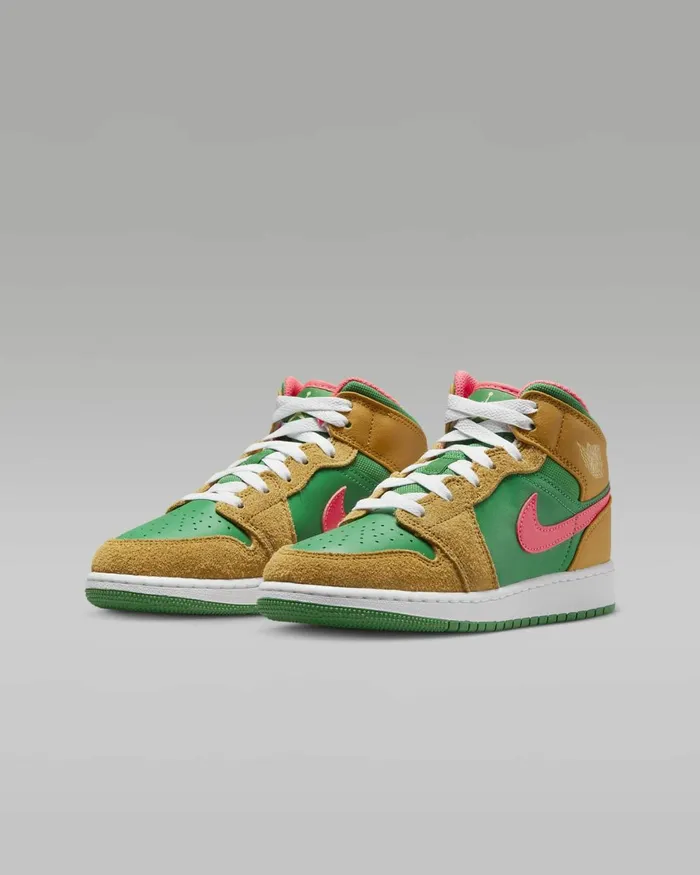 Kids Nike Jordan Air Jordan 1 Mid SE Chutneylucky Greenhot Punchcelestial Gold
