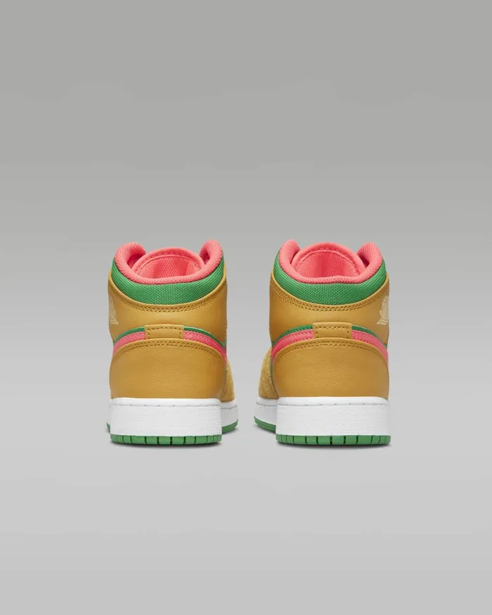 Kids Nike Jordan Air Jordan 1 Mid SE Chutneylucky Greenhot Punchcelestial Gold