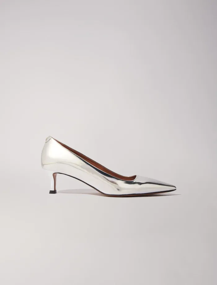Kitten Heels Women Maje Pointed Mirrored Leather Pumps Silver