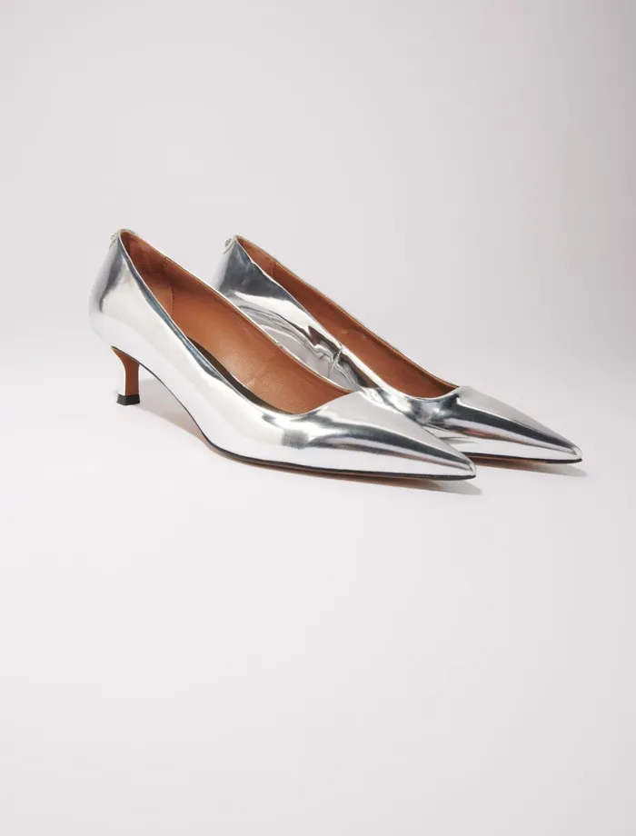 Kitten Heels Women Maje Pointed Mirrored Leather Pumps Silver