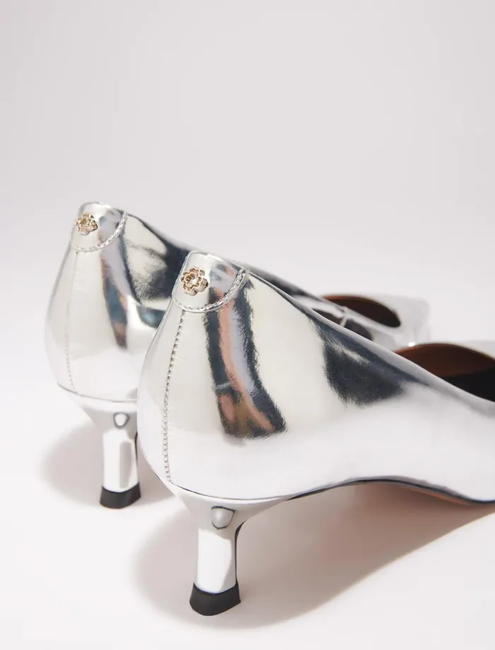 Kitten Heels Women Maje Pointed Mirrored Leather Pumps Silver