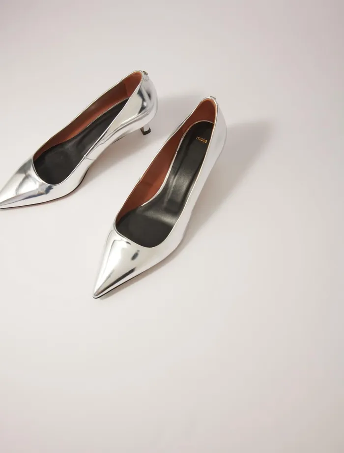 Kitten Heels Women Maje Pointed Mirrored Leather Pumps Silver