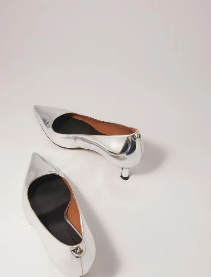 Kitten Heels Women Maje Pointed Mirrored Leather Pumps Silver