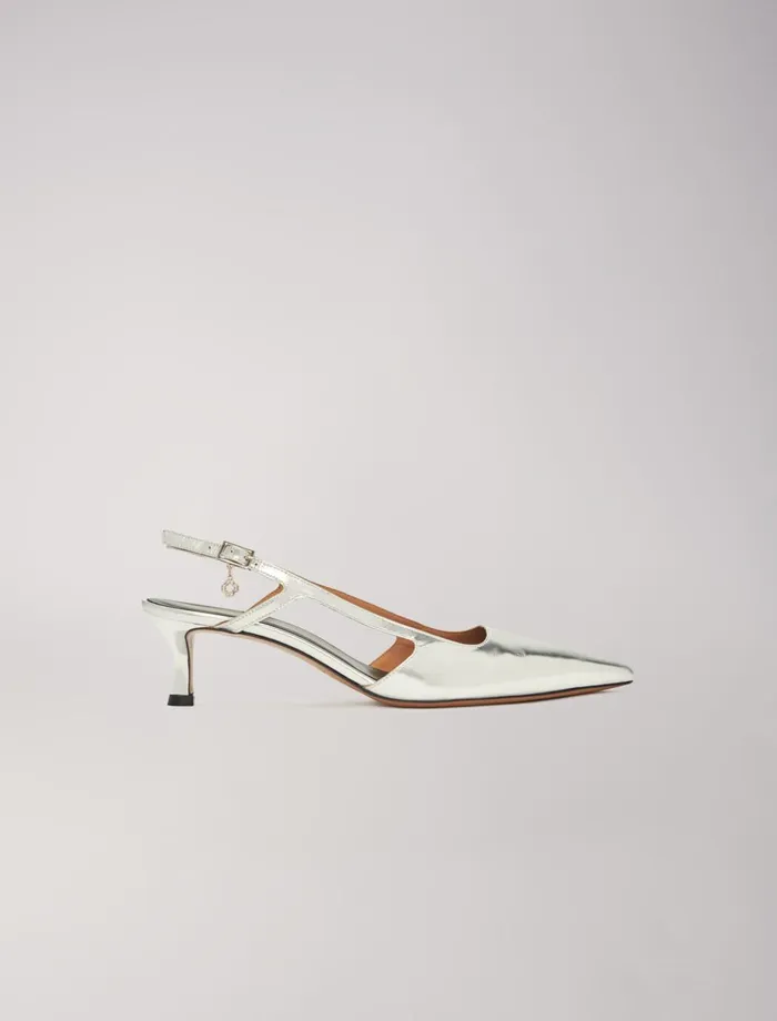 Kitten Heels Women Maje Silver Leather Strappy Heels Silver