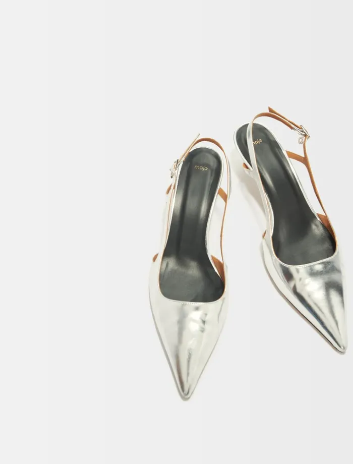 Kitten Heels Women Maje Silver Leather Strappy Heels Silver