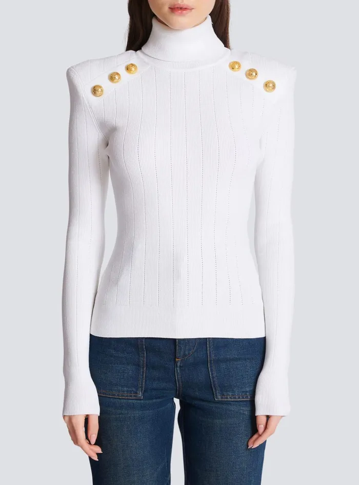 Knit Jumper With Gold Buttons White Women Balmain Knitwear