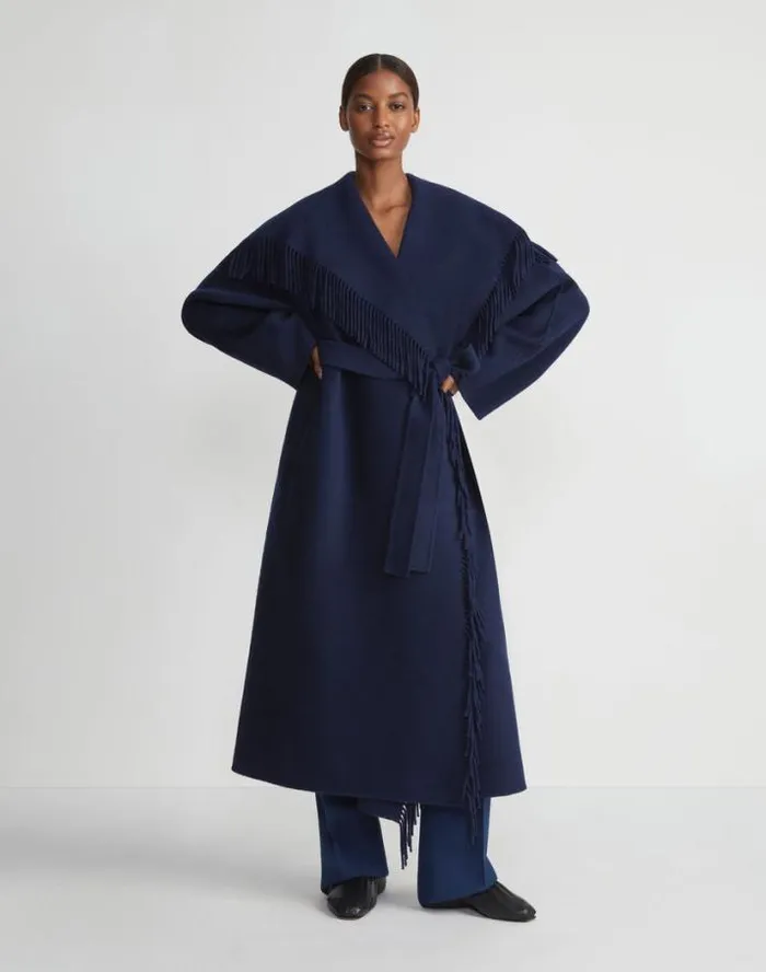 Lafayette 148 New York Brushed Cashmere Double Face Fringed Oversized Coat Midnight Blue Ready To Wear Jackets and Blazers