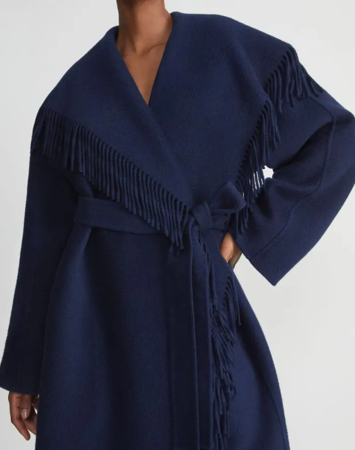 Lafayette 148 New York Brushed Cashmere Double Face Fringed Oversized Coat Midnight Blue Ready To Wear Jackets and Blazers