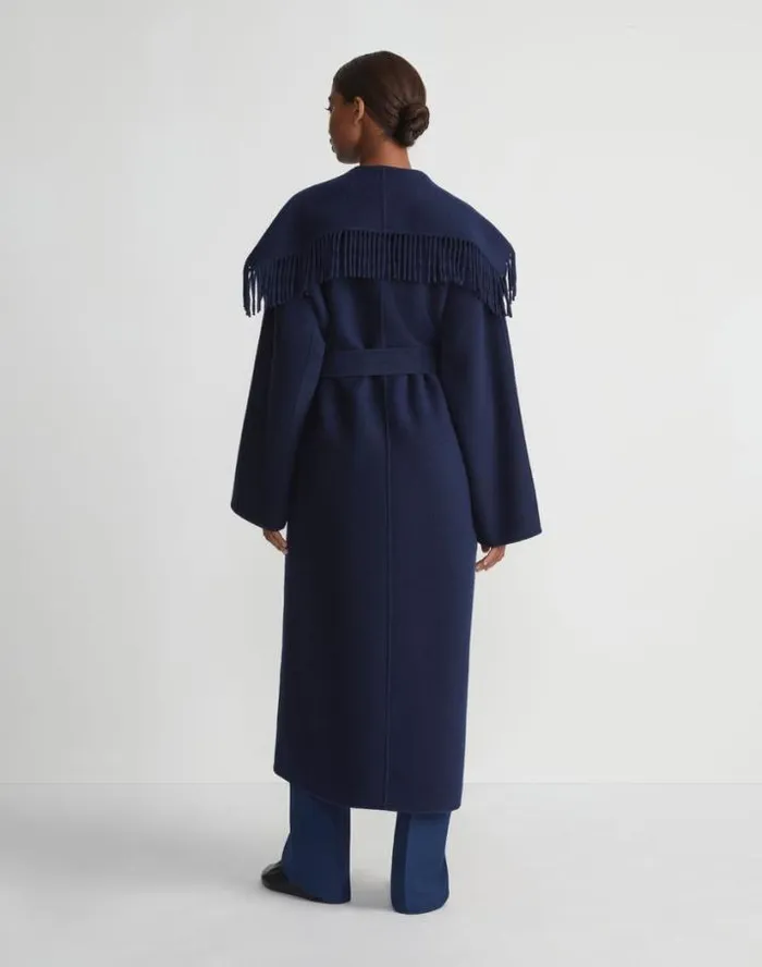 Lafayette 148 New York Brushed Cashmere Double Face Fringed Oversized Coat Midnight Blue Ready To Wear Jackets and Blazers