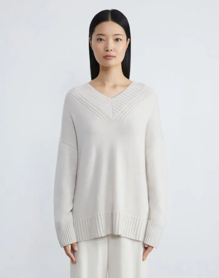 Lafayette 148 New York Cashmere Ribbed VNeck Sweater Buff Melange Ready To Wear Sweaters and Knits