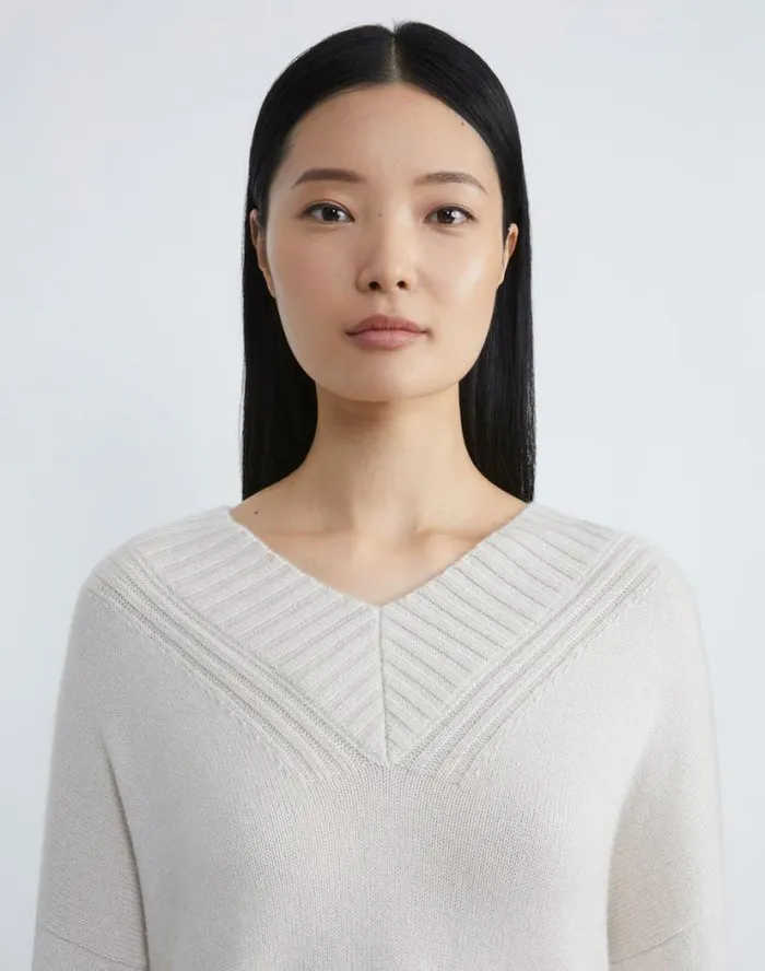Lafayette 148 New York Cashmere Ribbed VNeck Sweater Buff Melange Ready To Wear Sweaters and Knits