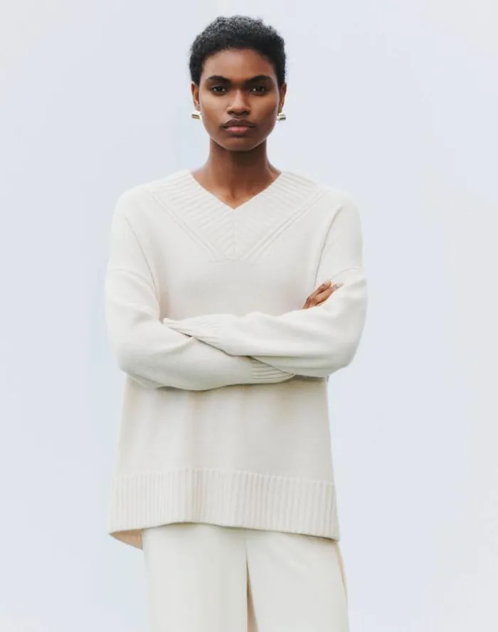 Lafayette 148 New York Cashmere Ribbed VNeck Sweater Buff Melange Ready To Wear Sweaters and Knits