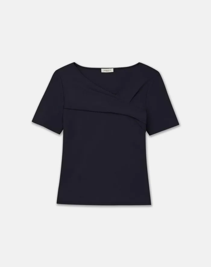 Lafayette 148 New York Cotton Rib Twisted VNeck Tee Black Ready To Wear Tops and Tees