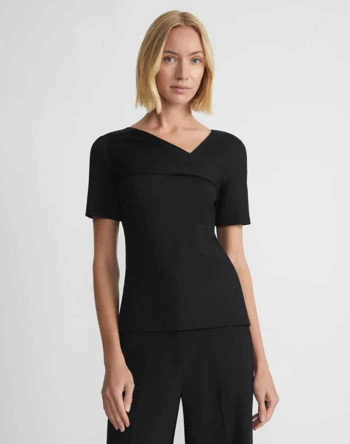 Lafayette 148 New York Cotton Rib Twisted VNeck Tee Black Ready To Wear Tops and Tees