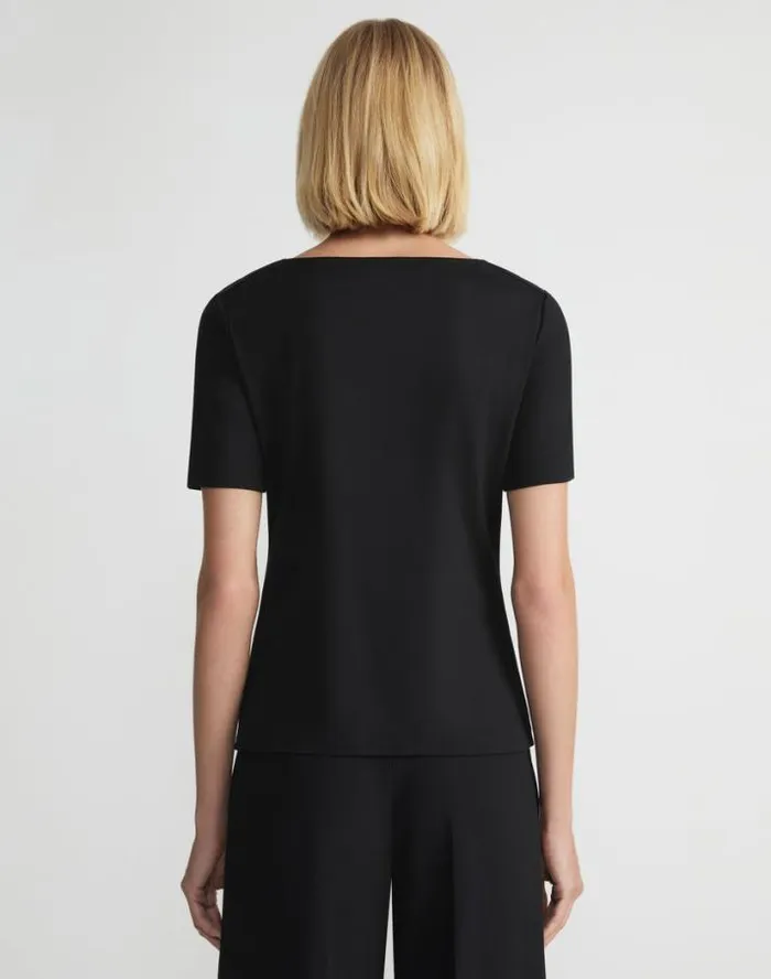 Lafayette 148 New York Cotton Rib Twisted VNeck Tee Black Ready To Wear Tops and Tees
