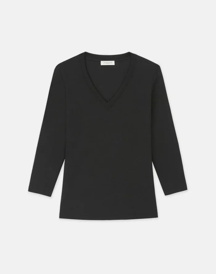 Lafayette 148 New York Cotton Rib VNeck TShirt Black Ready To Wear Tops and Tees