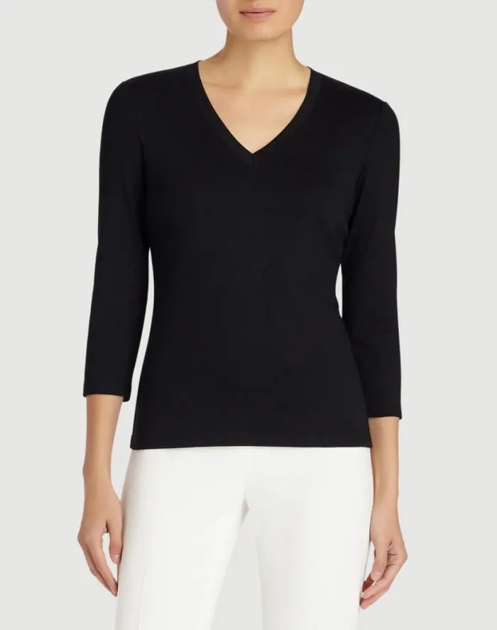 Lafayette 148 New York Cotton Rib VNeck TShirt Black Ready To Wear Tops and Tees