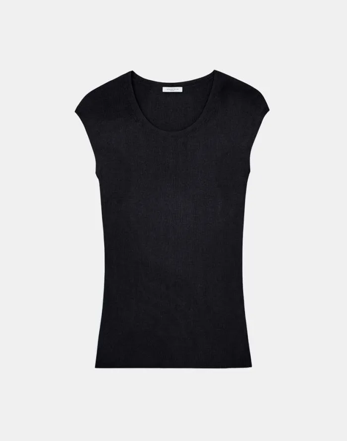 Lafayette 148 New York Finespun Voile Ribbed Cap Sleeve Top Black Ready To Wear Sweaters and Knits Lafayette 148 New York Finespun Voile Ribbed Cap Sleeve Top Black Ready To Wear Sweaters and Knits