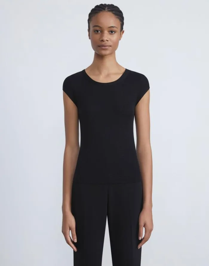 Lafayette 148 New York Finespun Voile Ribbed Cap Sleeve Top Black Ready To Wear Sweaters and Knits