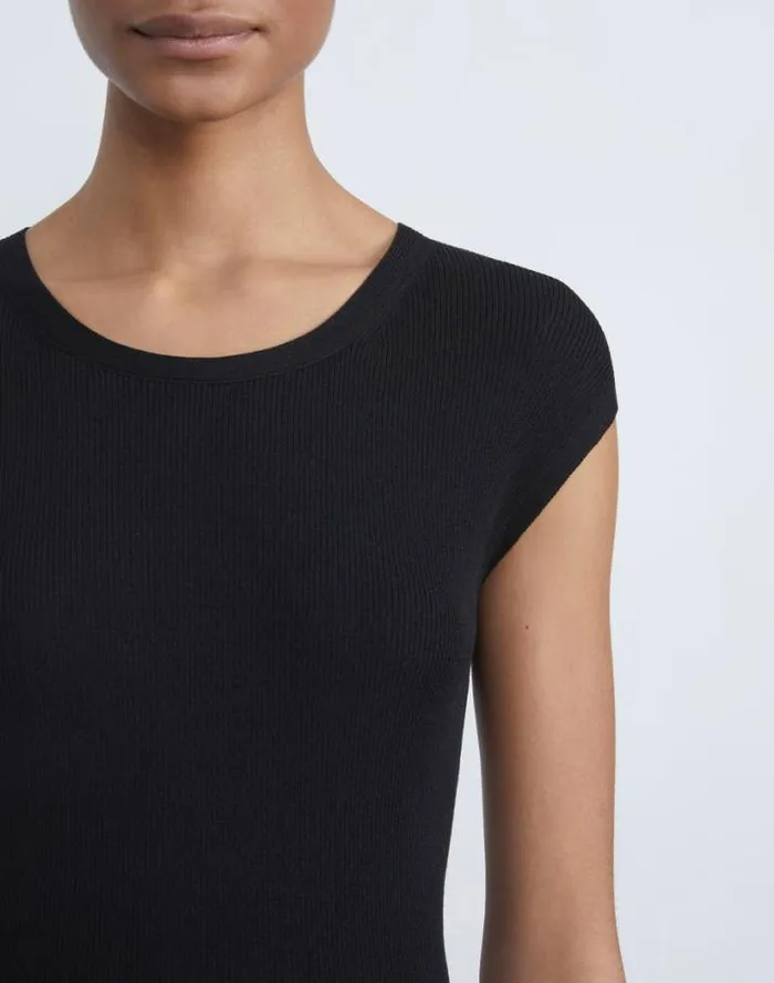 Lafayette 148 New York Finespun Voile Ribbed Cap Sleeve Top Black Ready To Wear Sweaters and Knits