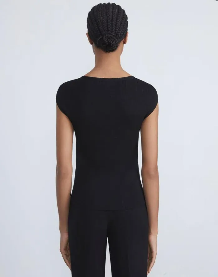 Lafayette 148 New York Finespun Voile Ribbed Cap Sleeve Top Black Ready To Wear Sweaters and Knits