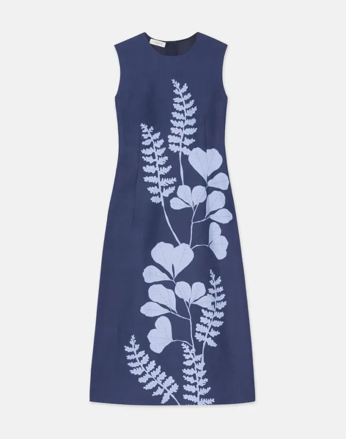 Lafayette 148 New York Flora Print ViscoseLinen Sleeveless Dress Midnight Blue Multi Ready To Wear Dresses