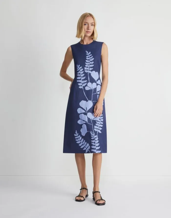 Lafayette 148 New York Flora Print ViscoseLinen Sleeveless Dress Midnight Blue Multi Ready To Wear Dresses