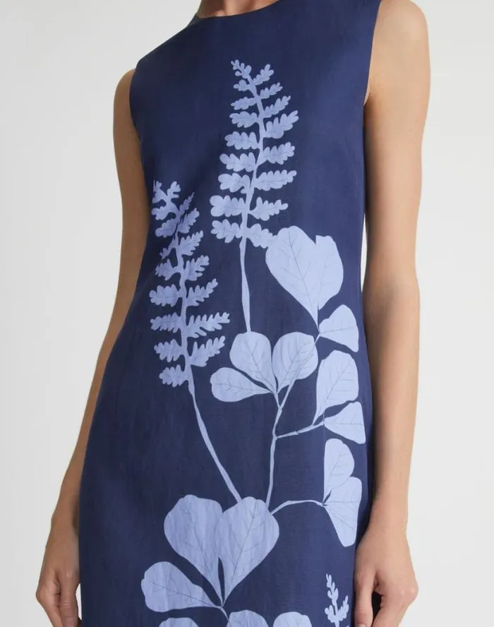 Lafayette 148 New York Flora Print ViscoseLinen Sleeveless Dress Midnight Blue Multi Ready To Wear Dresses