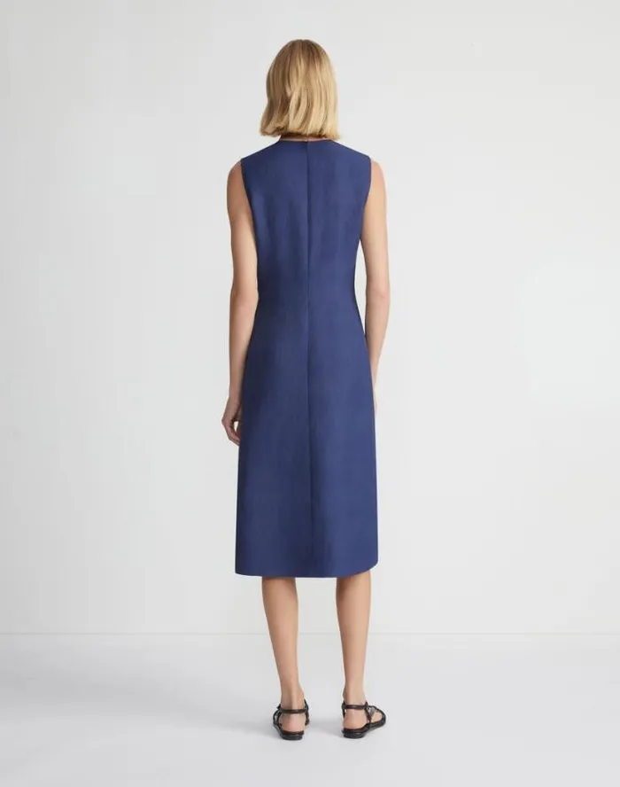 Lafayette 148 New York Flora Print ViscoseLinen Sleeveless Dress Midnight Blue Multi Ready To Wear Dresses