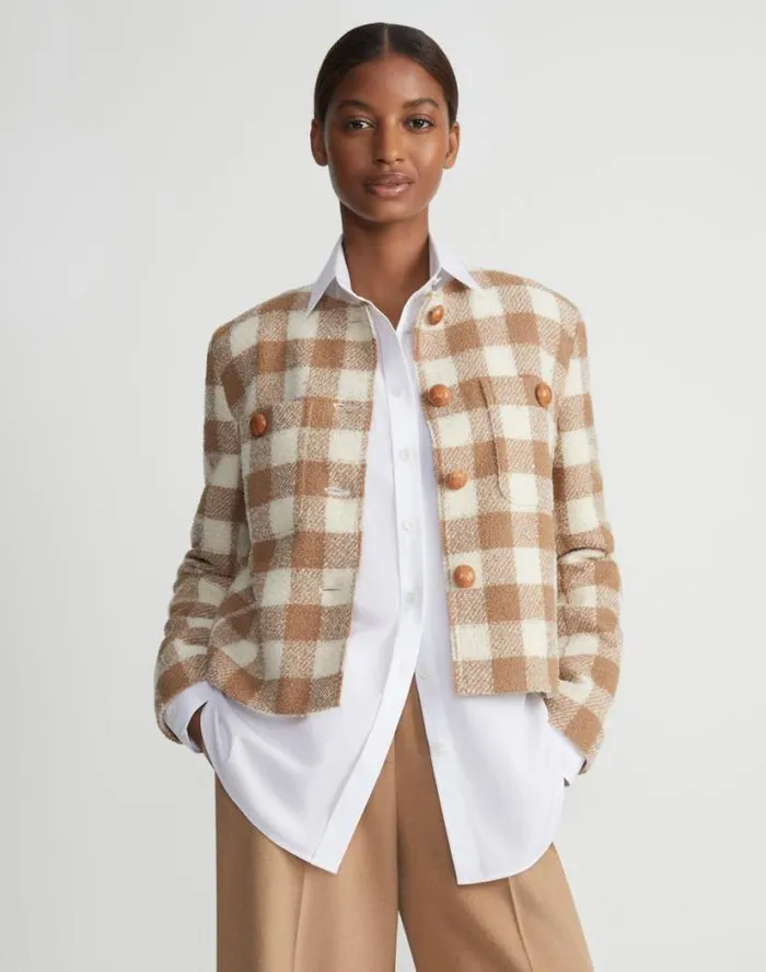 Lafayette 148 New York Gingham Wool Collarless Buttoned Jacket Camel Multi Ready To Wear Jackets and Blazers