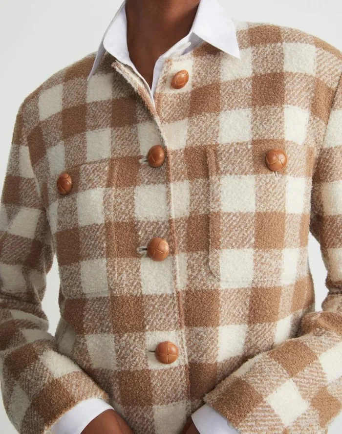 Lafayette 148 New York Gingham Wool Collarless Buttoned Jacket Camel Multi Ready To Wear Jackets and Blazers