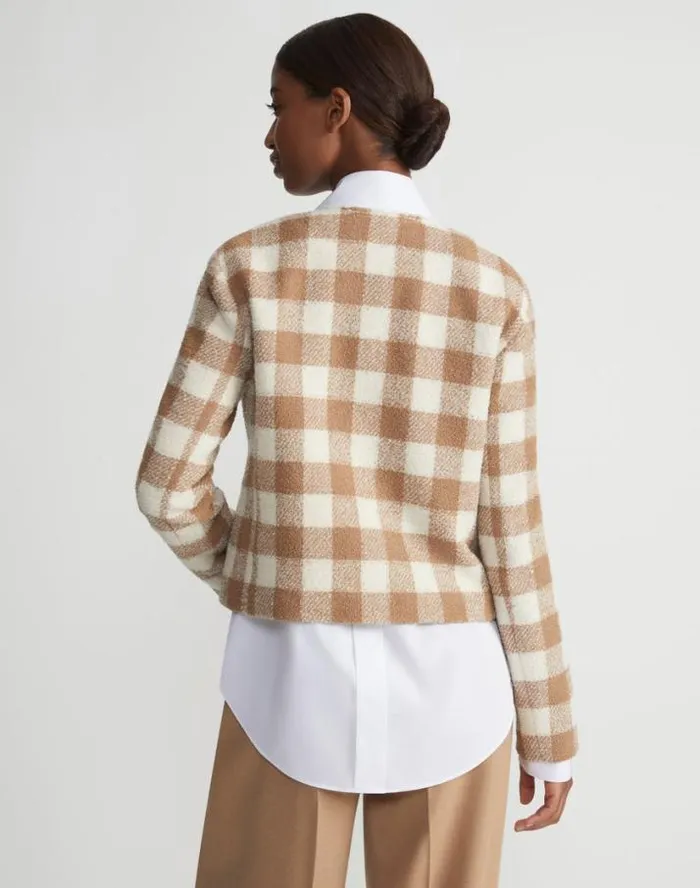 Lafayette 148 New York Gingham Wool Collarless Buttoned Jacket Camel Multi Ready To Wear Jackets and Blazers