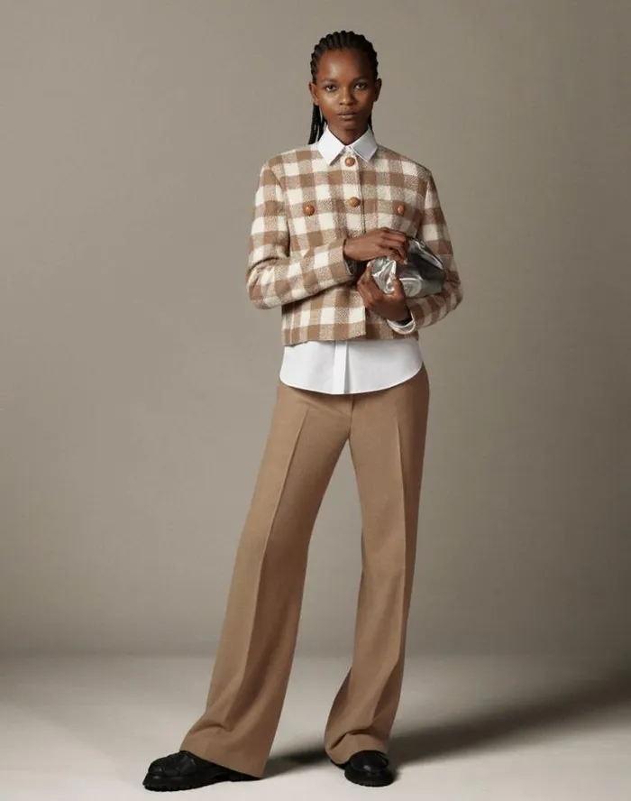 Lafayette 148 New York Gingham Wool Collarless Buttoned Jacket Camel Multi Ready To Wear Jackets and Blazers