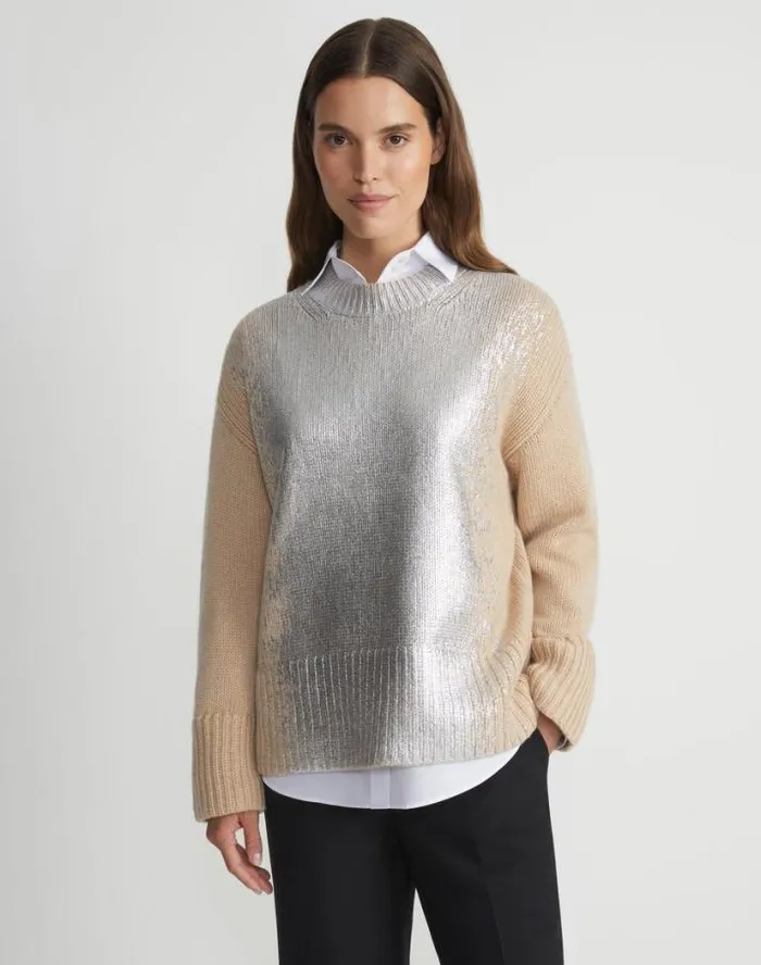 Lafayette 148 New York Metallic Foil Print Cashmere Crewneck Sweater Dune Foil Ready To Wear Sweaters and Knits