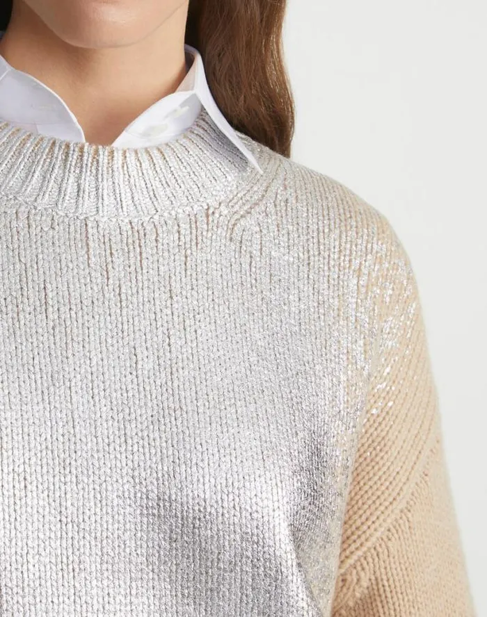 Lafayette 148 New York Metallic Foil Print Cashmere Crewneck Sweater Dune Foil Ready To Wear Sweaters and Knits