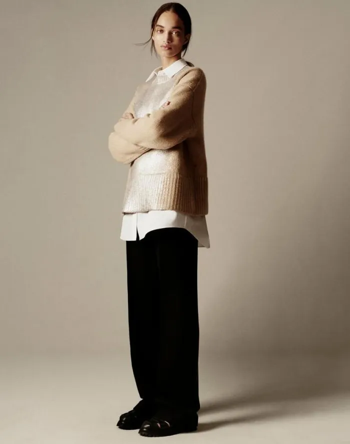 Lafayette 148 New York Metallic Foil Print Cashmere Crewneck Sweater Dune Foil Ready To Wear Sweaters and Knits