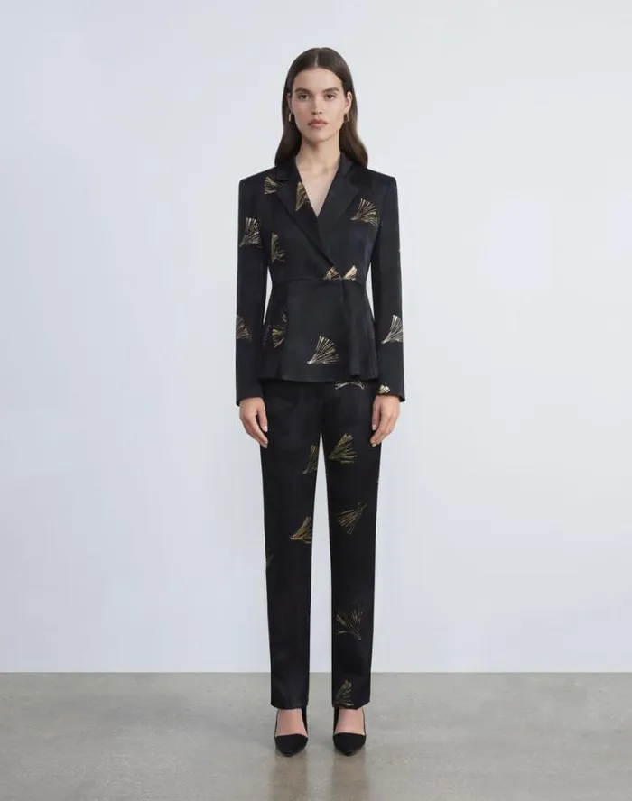 Lafayette 148 New York Metallic Leafed Pages Jacquard Barrow Pant Black Multi Ready To Wear Pants and Shorts